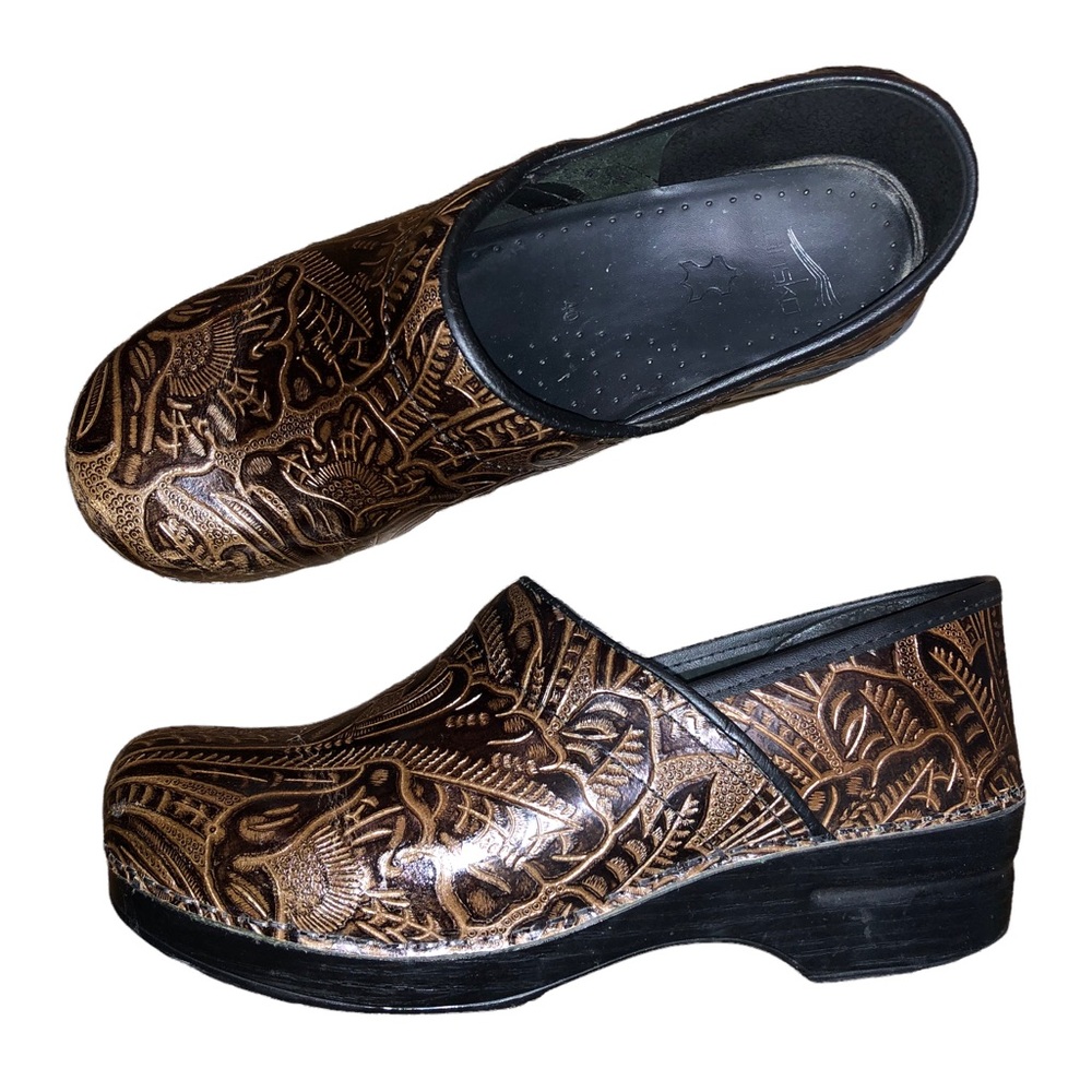 Dansko Brown Leather Tooled Clog